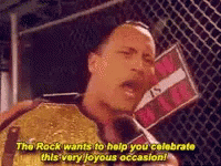 A GIF of Dwayne Johnson (The Rock) saying 'The Rock wantes to help you celebrate this very joyous occasion!'